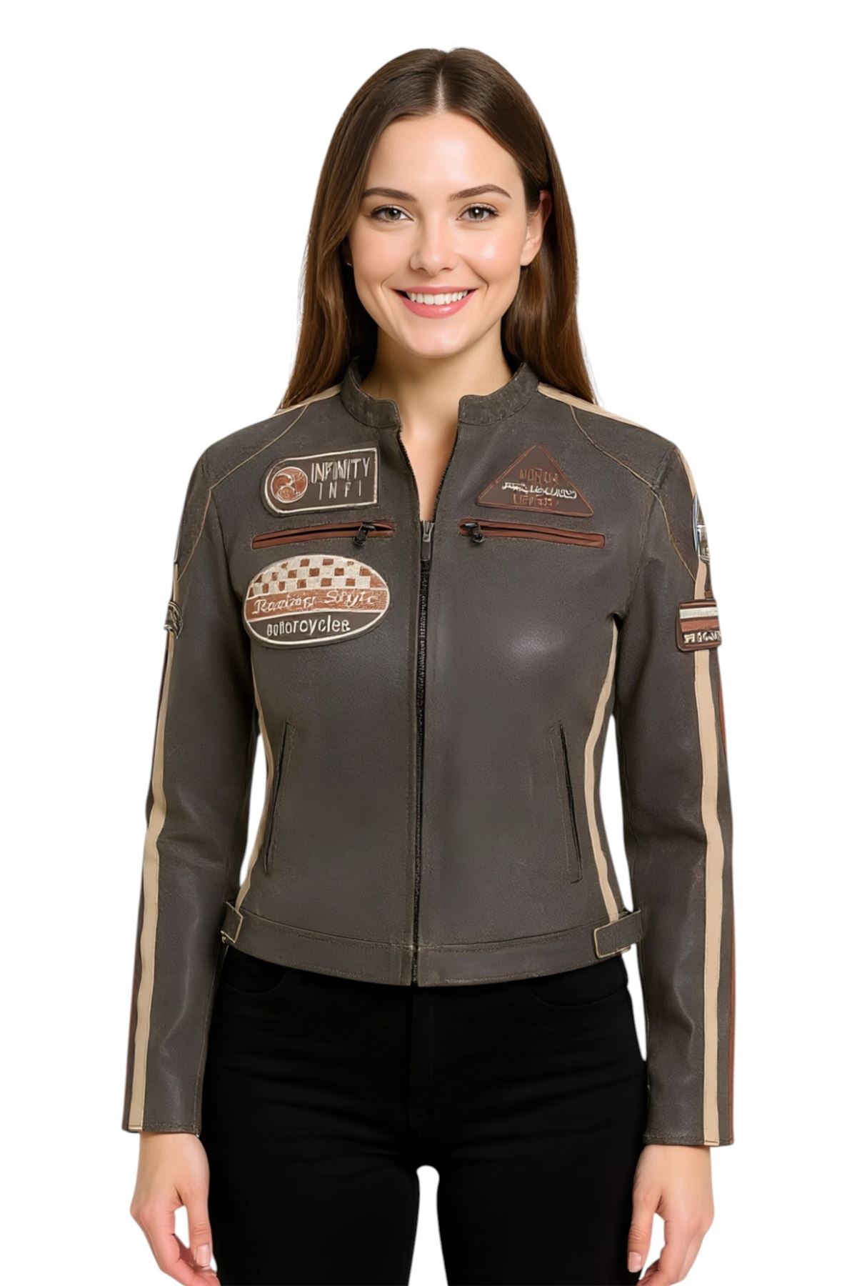 Womens Leather Biker Racing Badges Jacket-Agadir