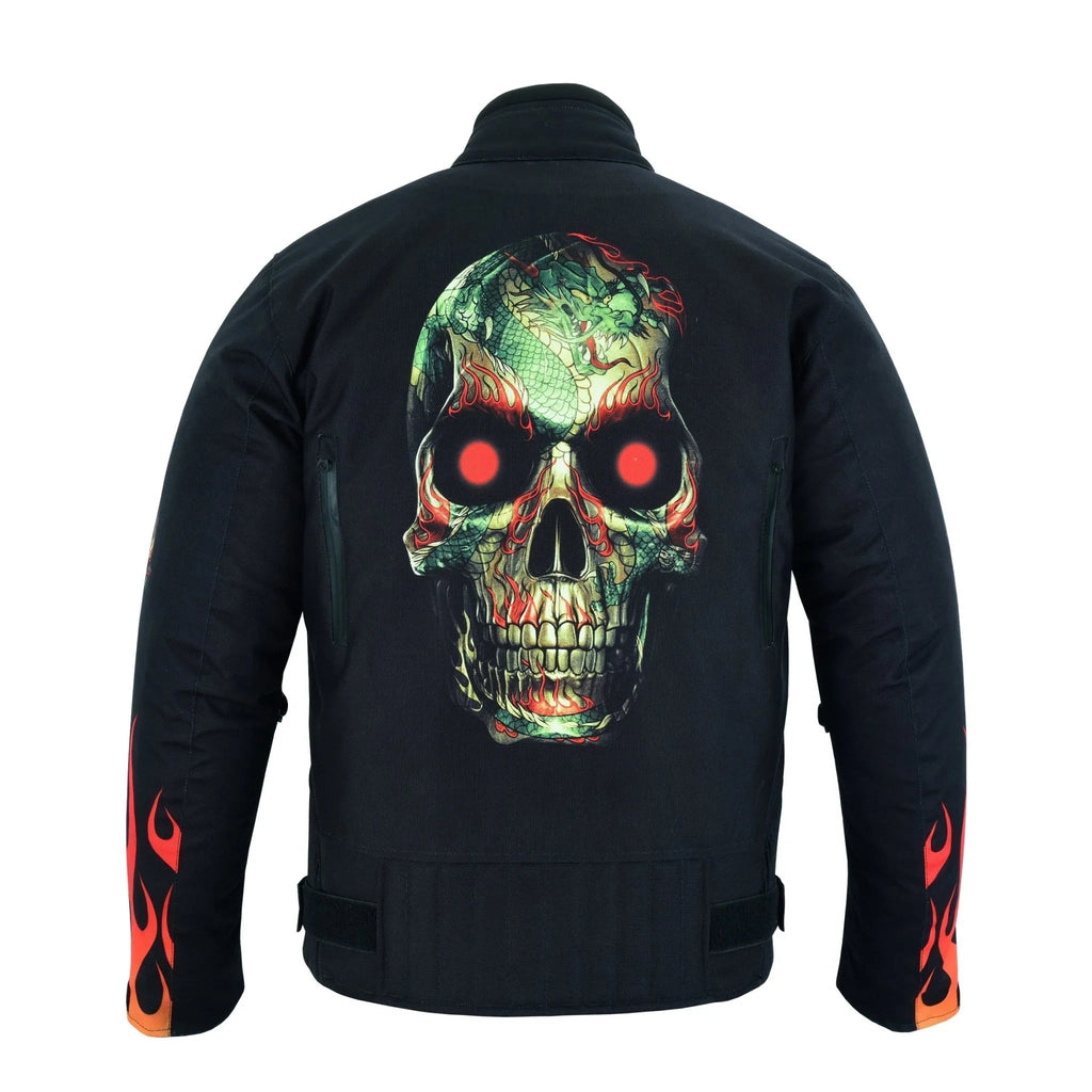 Flames and Skull Black Textile Fabric Motorcycle Biker Jacket