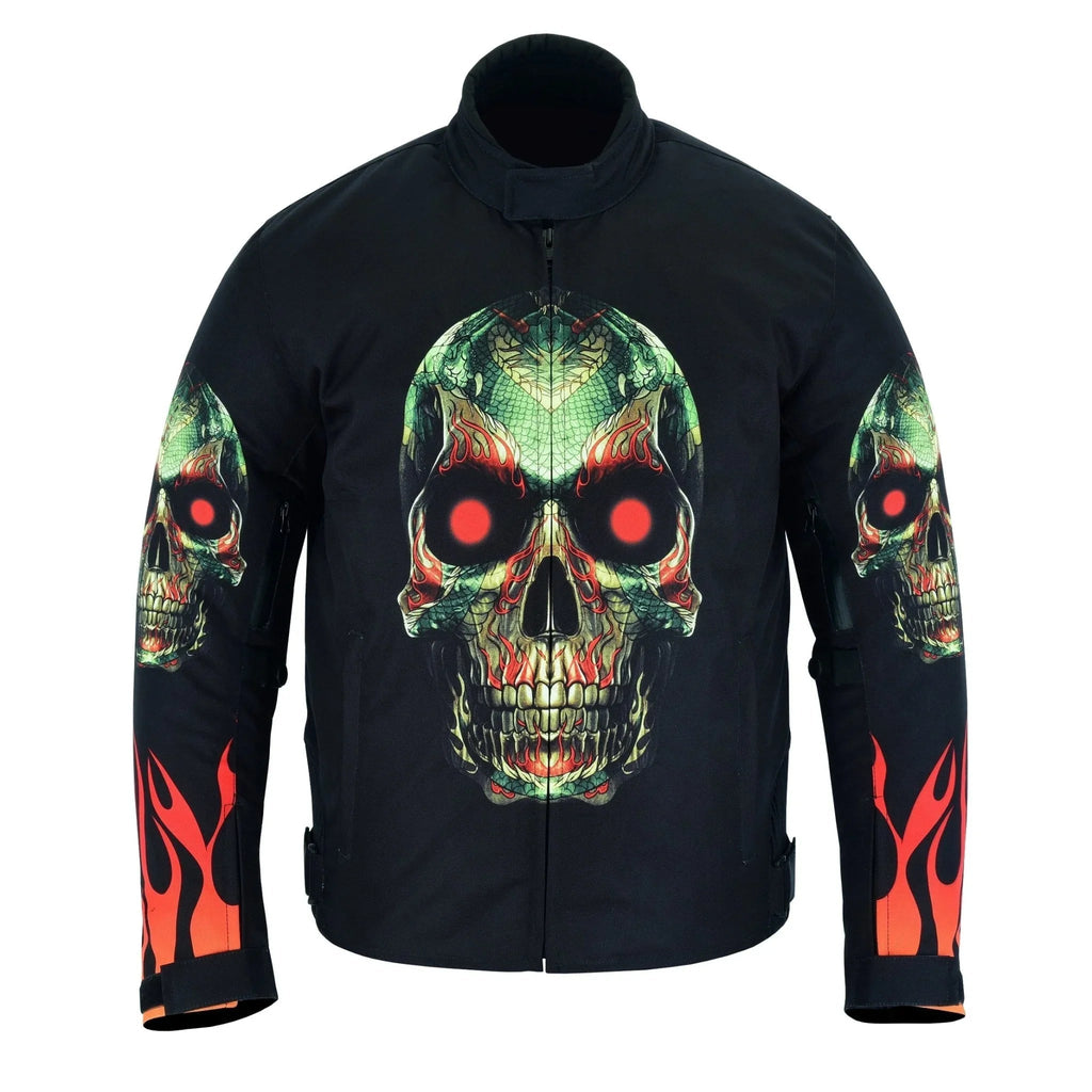 Flames and Skull Black Textile Fabric Motorcycle Biker Jacket
