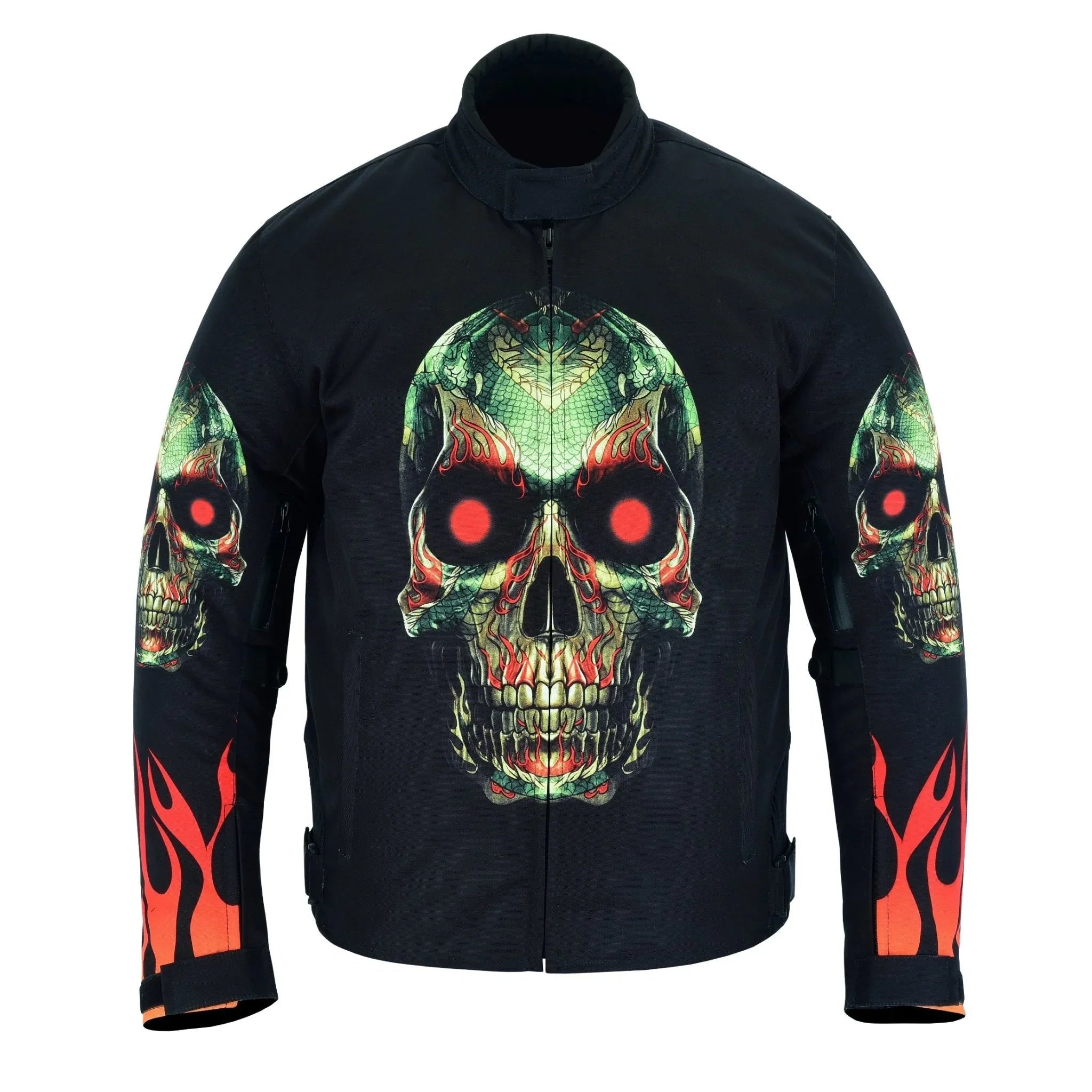 Flames and Skull Black Textile Fabric Motorcycle Biker Jacket