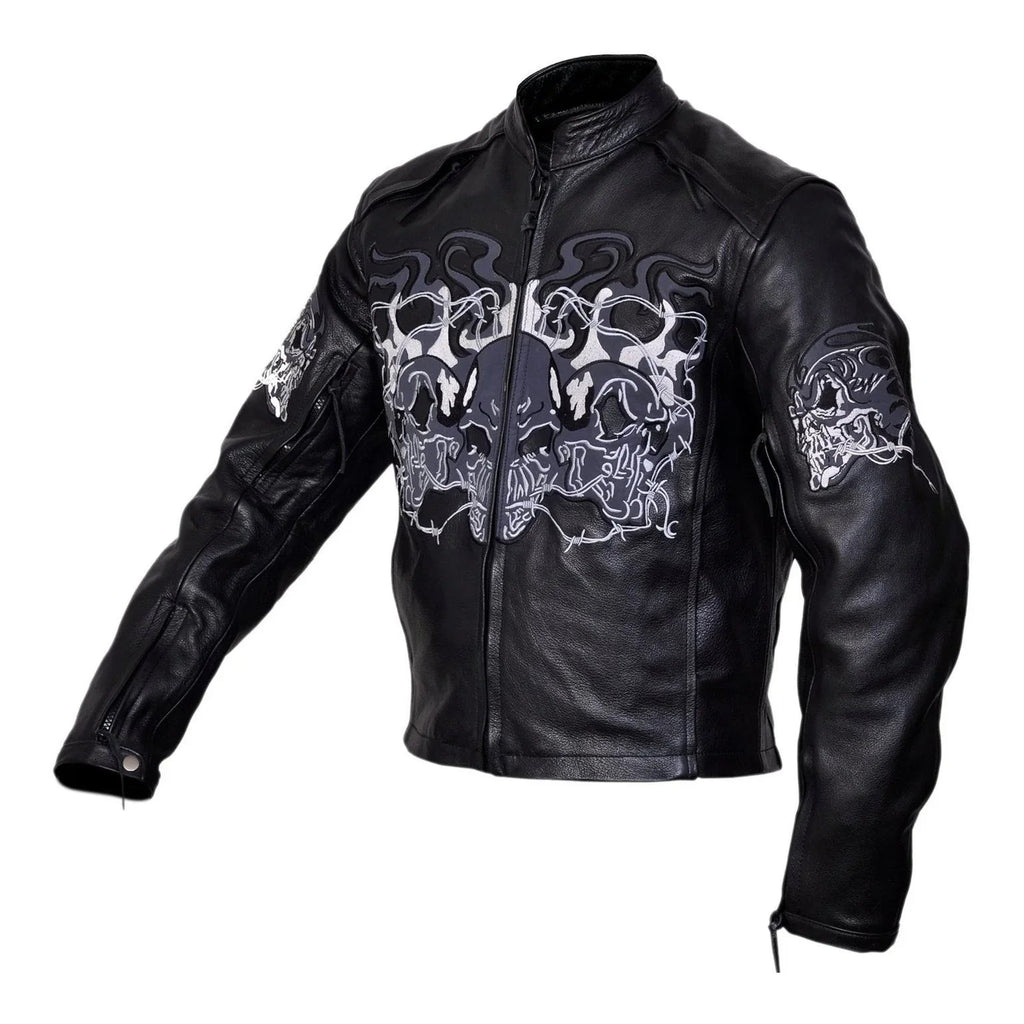 Flaming Skulls Cruiser Motorcycle Biker Black Leather Jacket