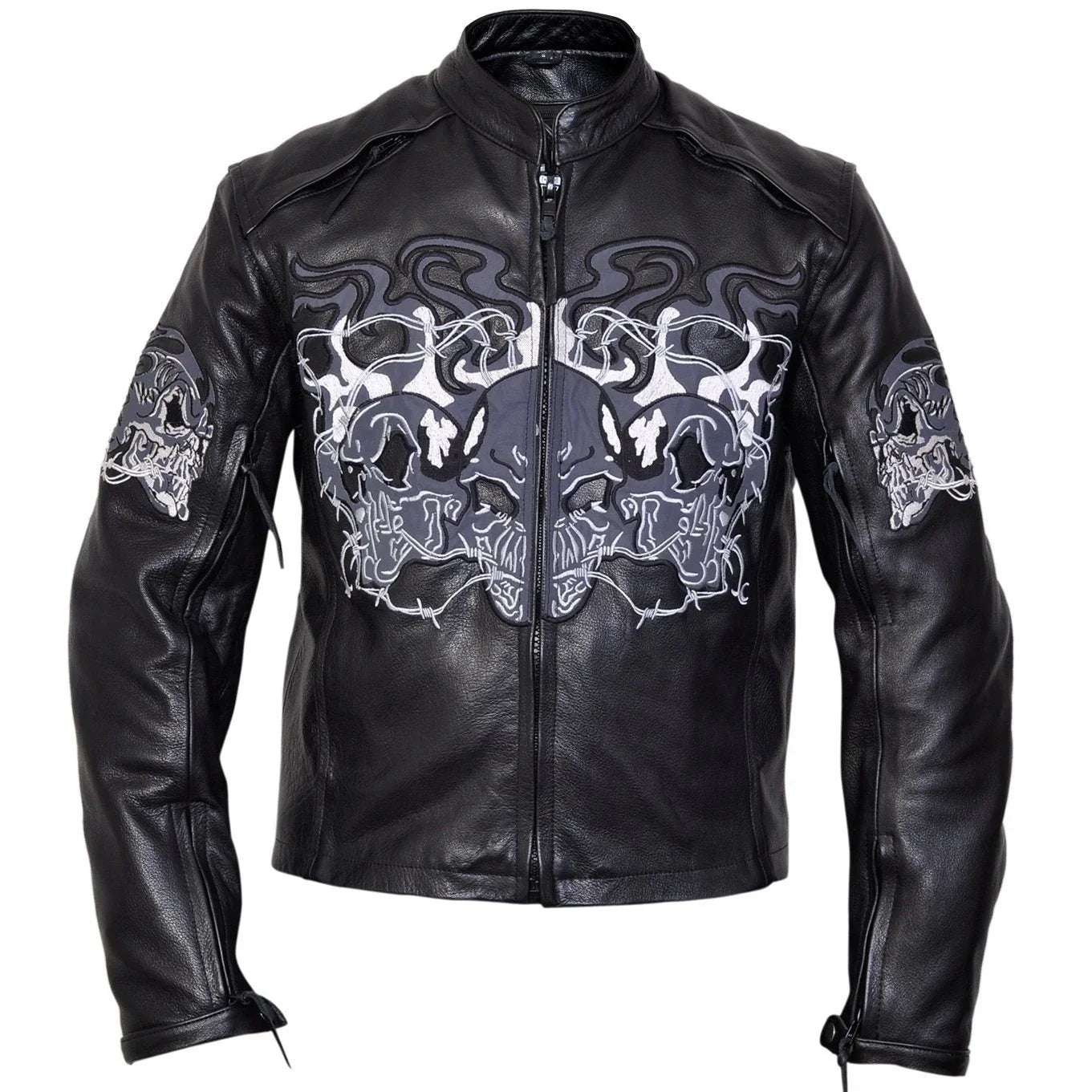 Flaming Skulls Cruiser Motorcycle Biker Black Leather Jacket