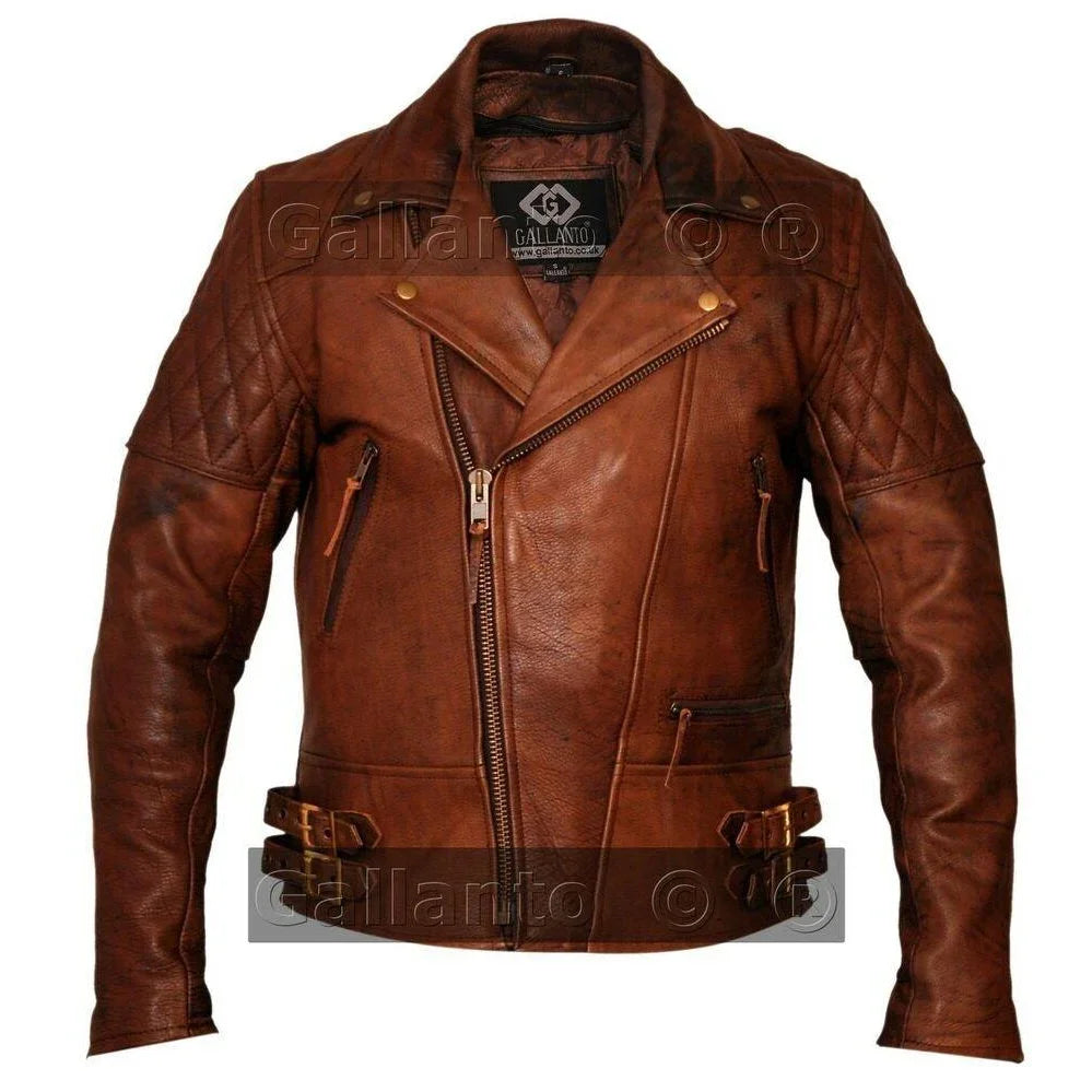 Gallanto Vintage Dark Brown Classic Diamond Armoured Biker Leather Jacket