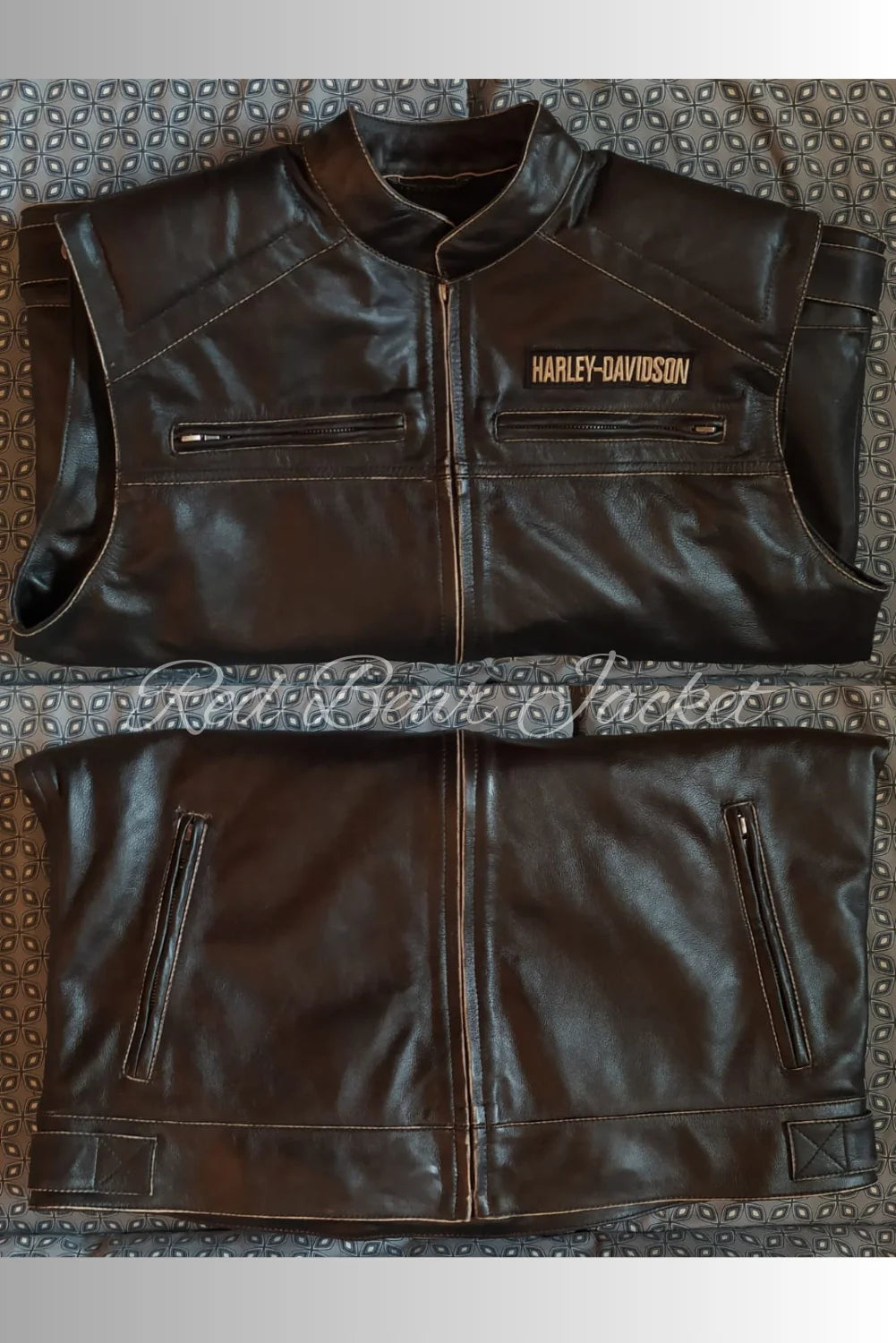 Men's Handmade Distressed HD Motorcycle Leather Vest With Embroidered Patches | Men Harley Davidson Triple Vent Passing Link Leather Vest