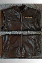 Men's Handmade Distressed HD Motorcycle Leather Vest With Embroidered Patches | Men Harley Davidson Triple Vent Passing Link Leather Vest