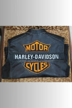 Men's Handmade Distressed HD Motorcycle Leather Vest With Orange Embroidered Patches | Men Harley Davidson Triple Vent Passing Link Leather Vest