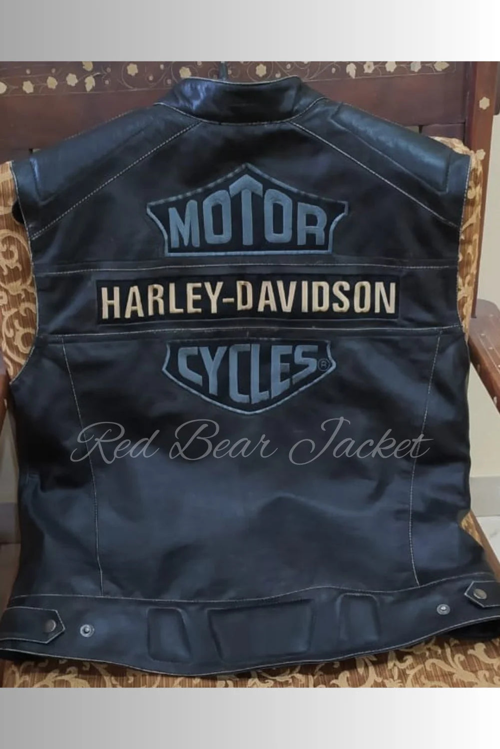 Men's Handmade Distressed HD Motorcycle Leather Vest With Embroidered Patches | Men Harley Davidson Triple Vent Passing Link Leather Vest