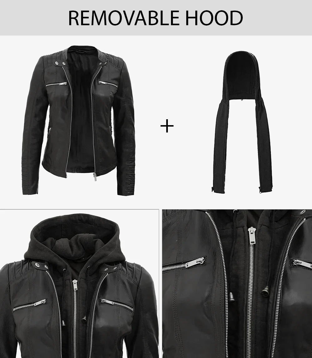 Women's Tall Black Leather Jacket With Removable Hood
