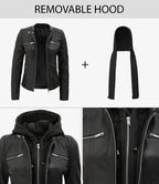 Women's Tall Black Leather Jacket With Removable Hood