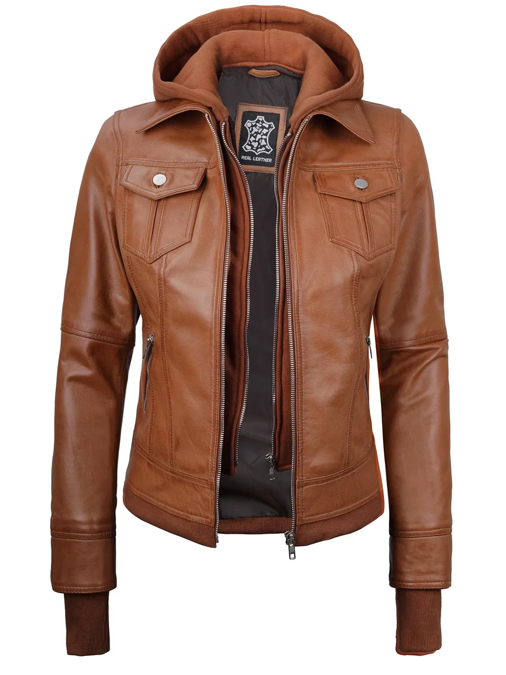 Tralee Womens Tan Wax Bomber Leather Jacket With Removable Hood