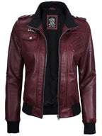 Women's Burgundy Leather Jacket with Removable Hood