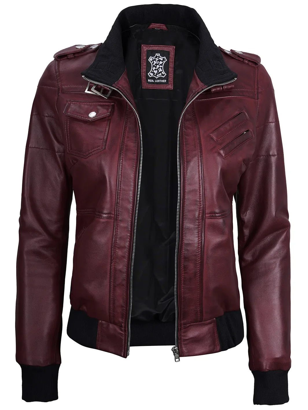 Women's Burgundy Leather Jacket with Removable Hood