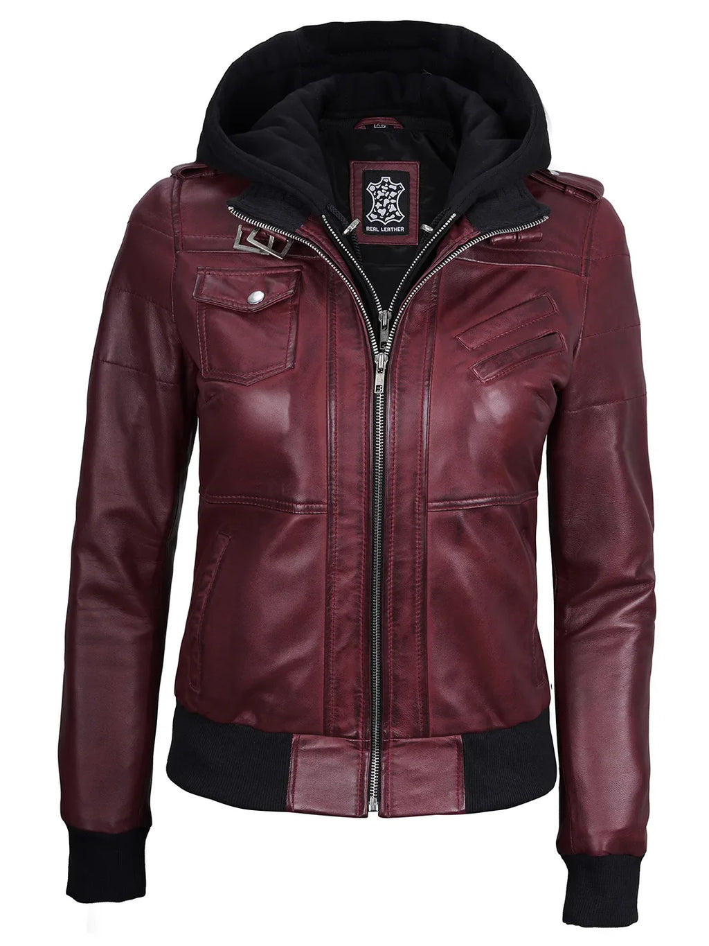 Women's Burgundy Leather Jacket with Removable Hood