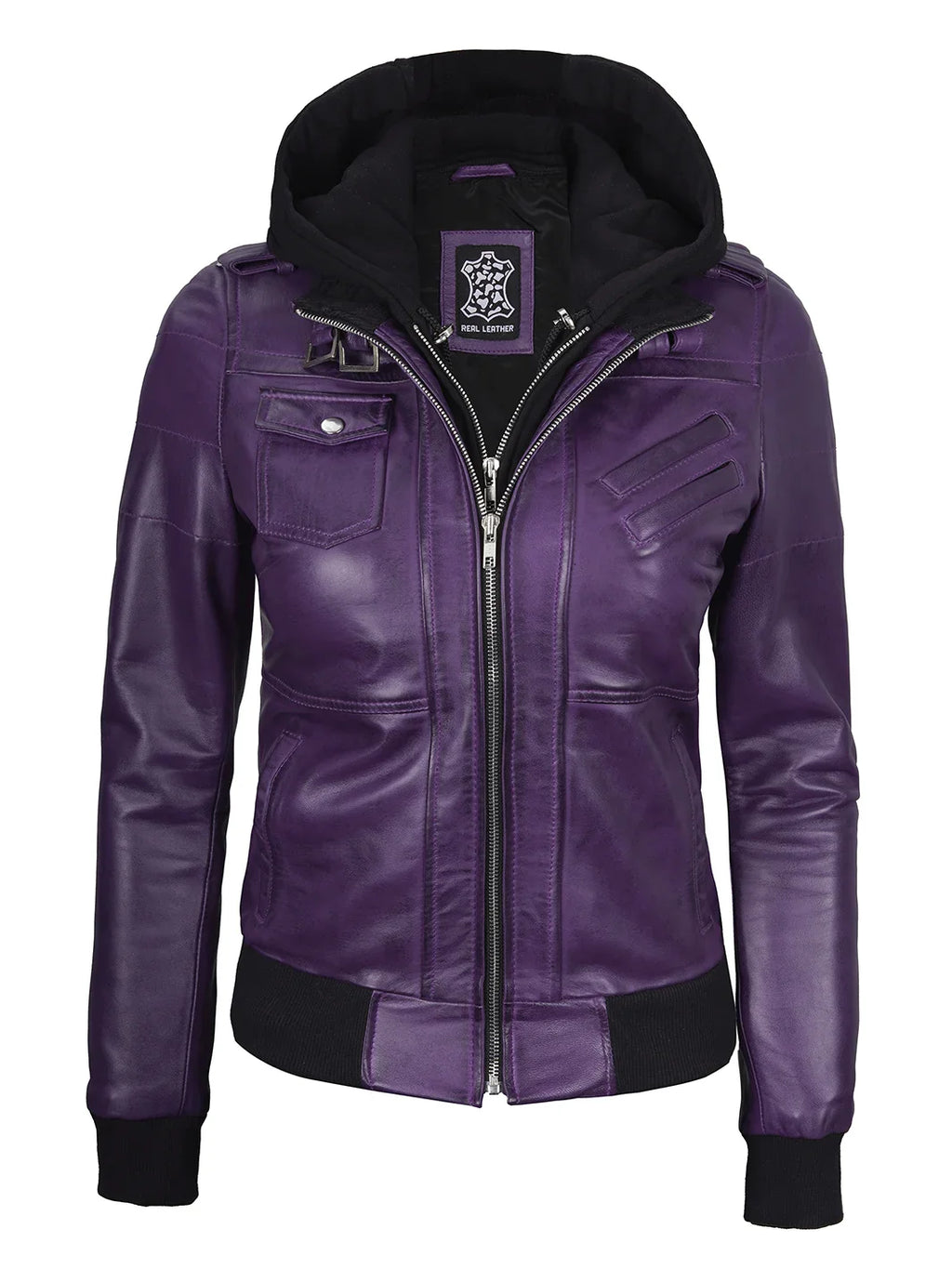 Women's Purple Real Leather Jacket with Removable Hood
