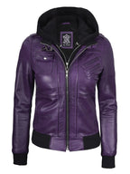 Women's Purple Real Leather Jacket with Removable Hood