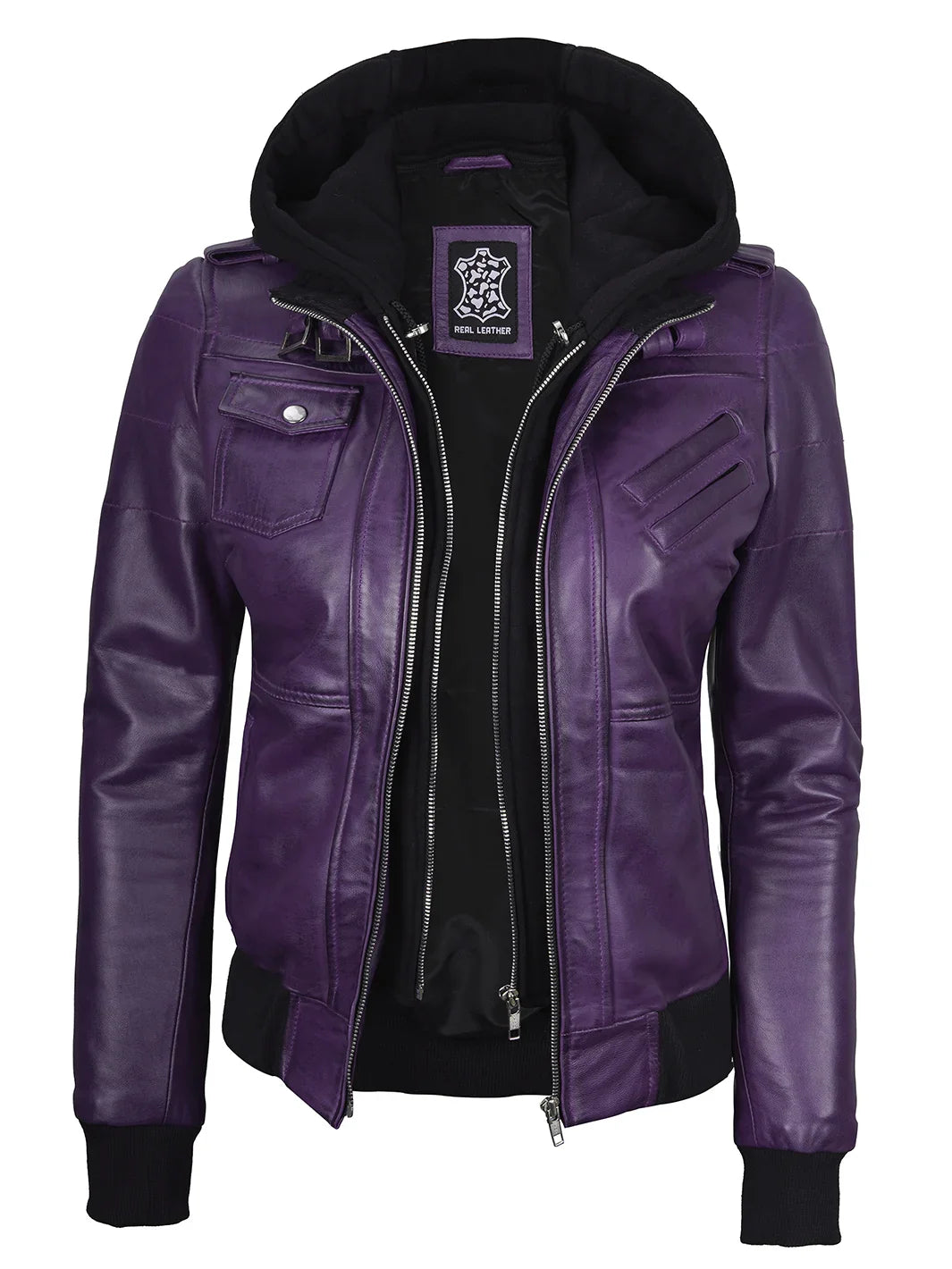 Women's Purple Real Leather Jacket with Removable Hood