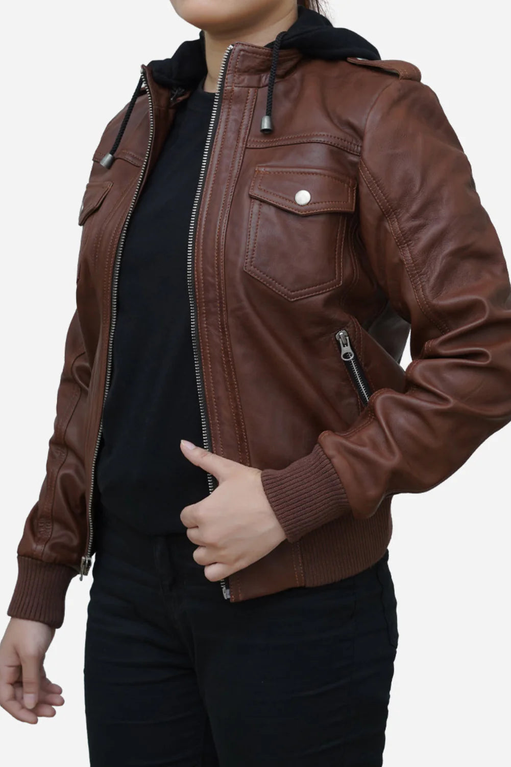 Amara Brown Hooded Leather Bomber Jacket