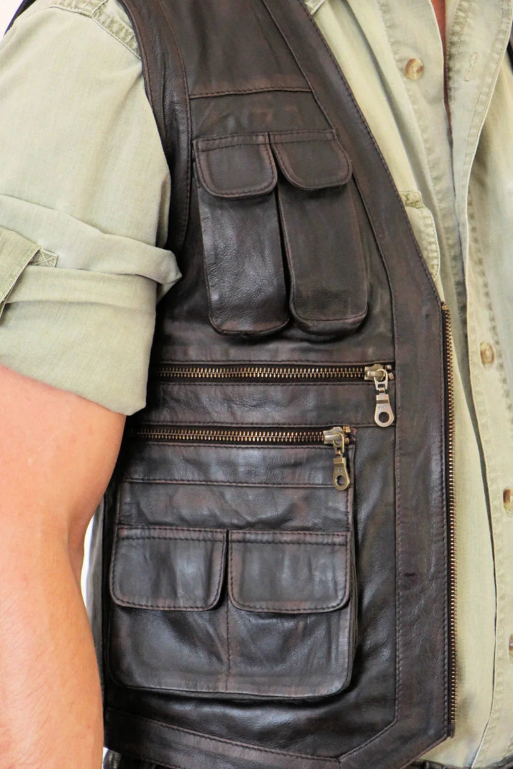 Men's Safari Rub Off Leather Vest-Hunting Style Vest Features Several Front Pockets With Some With Flaps