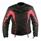 Ladies Black And Red Fabric Vented Motorcycle Jacket