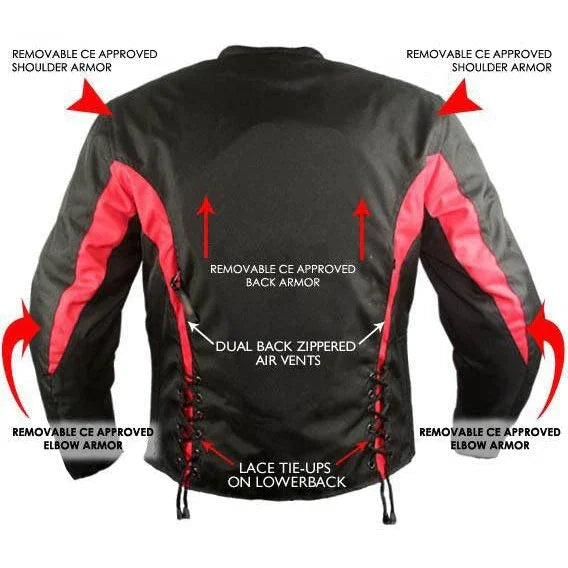 Ladies Black And Red Fabric Vented Motorcycle Jacket