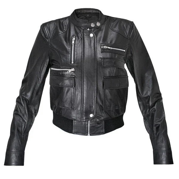 Ladies Collarless Fitted Lambskin Bomber Jacket