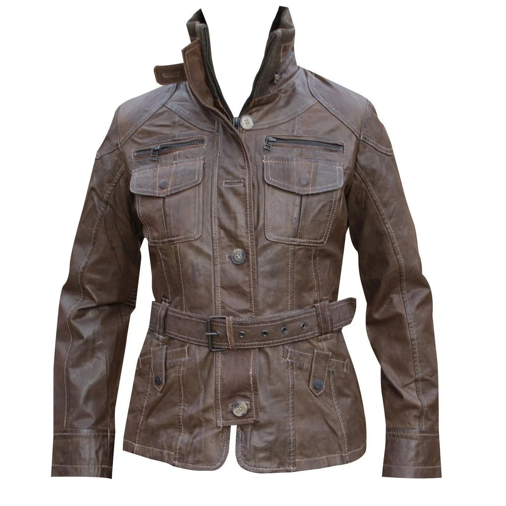 Ladies Fashion Vintage Leather Jacket Women in Brown