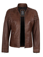 Womens Cognac Brown Cafe Racer Style Leather Jacket - Padded Shoulders