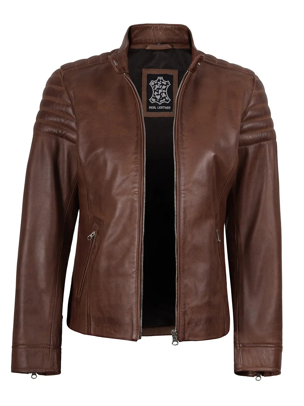 Womens Cognac Brown Cafe Racer Style Leather Jacket - Padded Shoulders