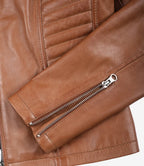 Women's Petite Tan Brown Wax Cafe Racer Leather Jacket