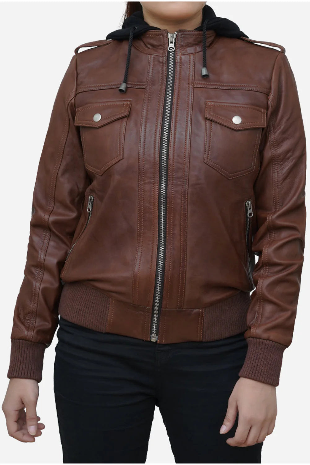 Amara Brown Hooded Leather Bomber Jacket