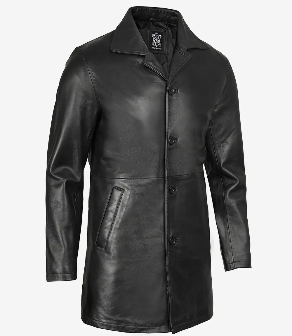 Tall Mens Black 3/4 Length Leather Car Coat