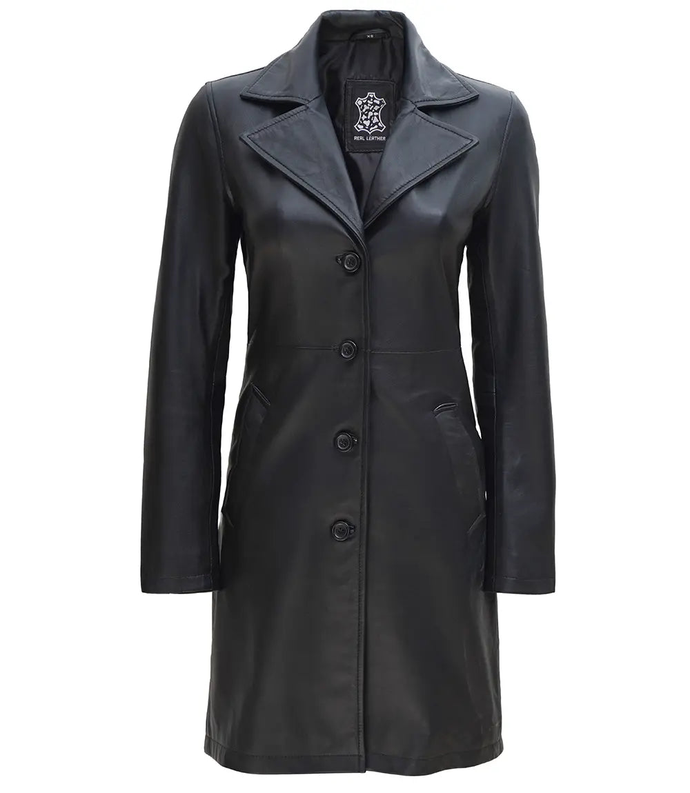 Women Petite Black Real Leather Car Coat