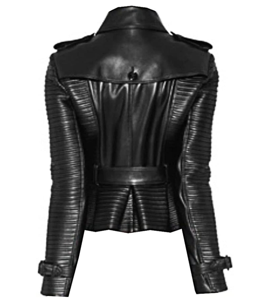 Womens Double Breasted Quilted Black Leather Coat