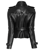 Womens Double Breasted Quilted Black Leather Coat