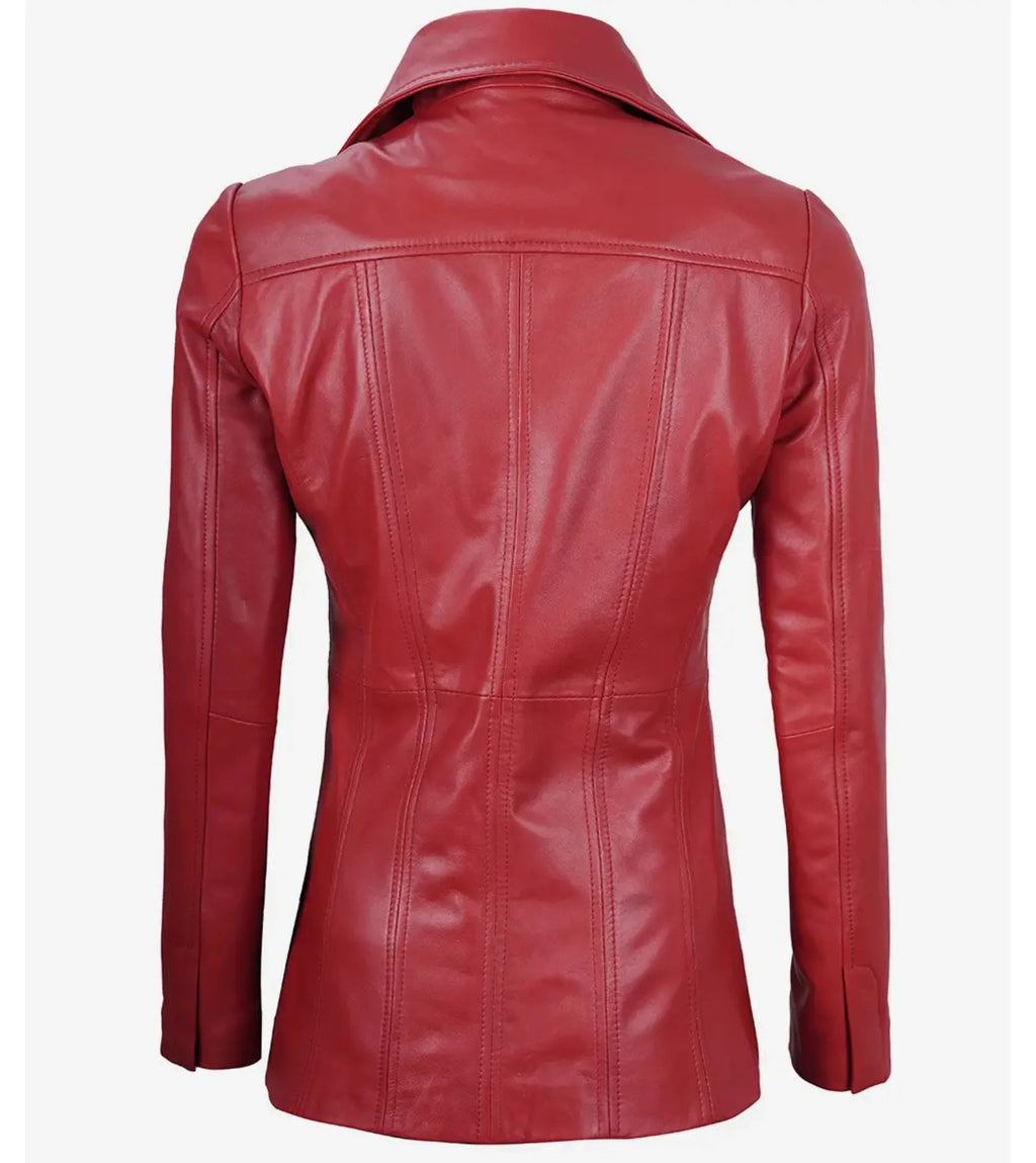 Eve Red Real Leather Blazer With Three Buttons