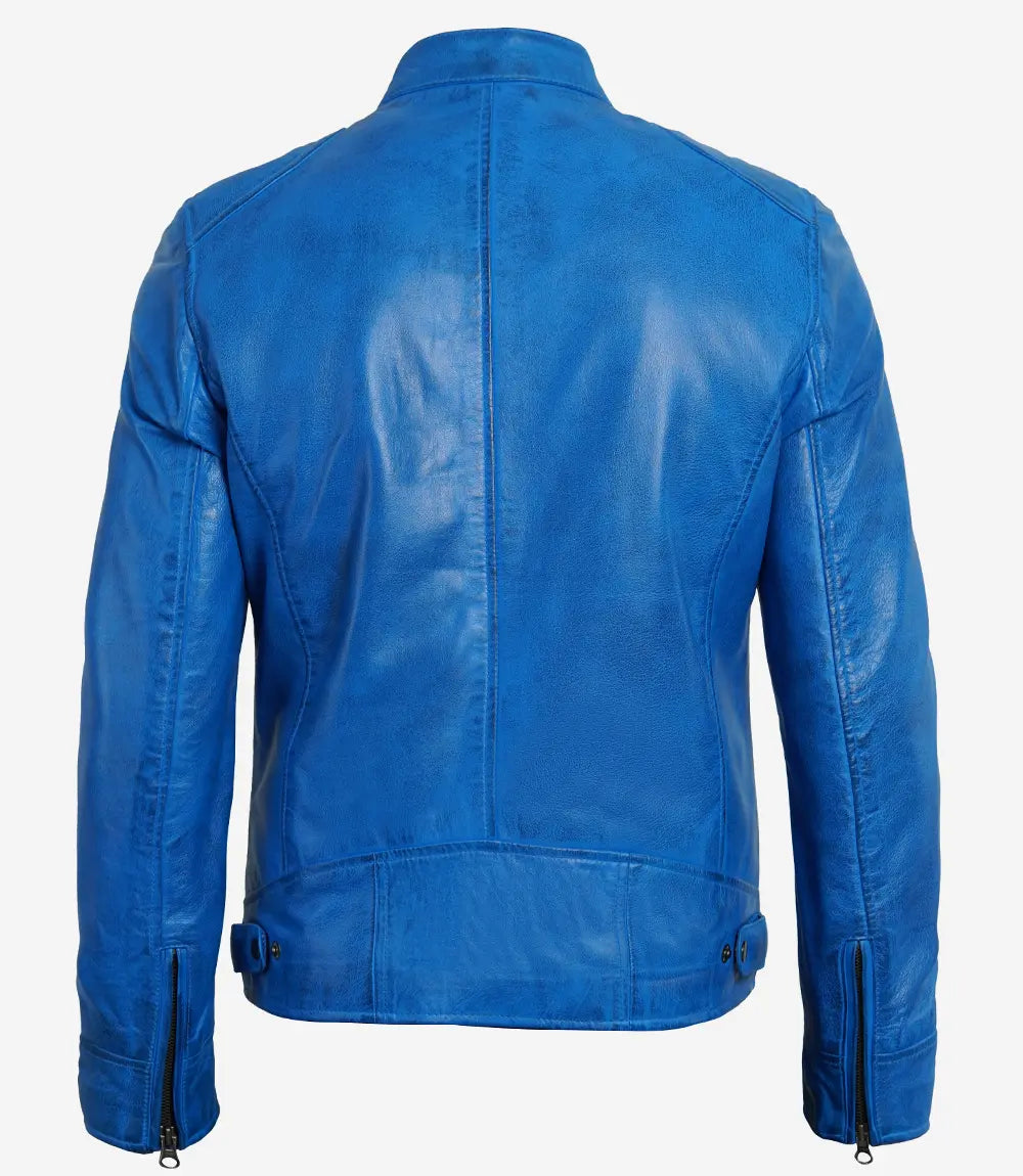 Dodge Men's Cafe Racer Style Blue Leather Jacket