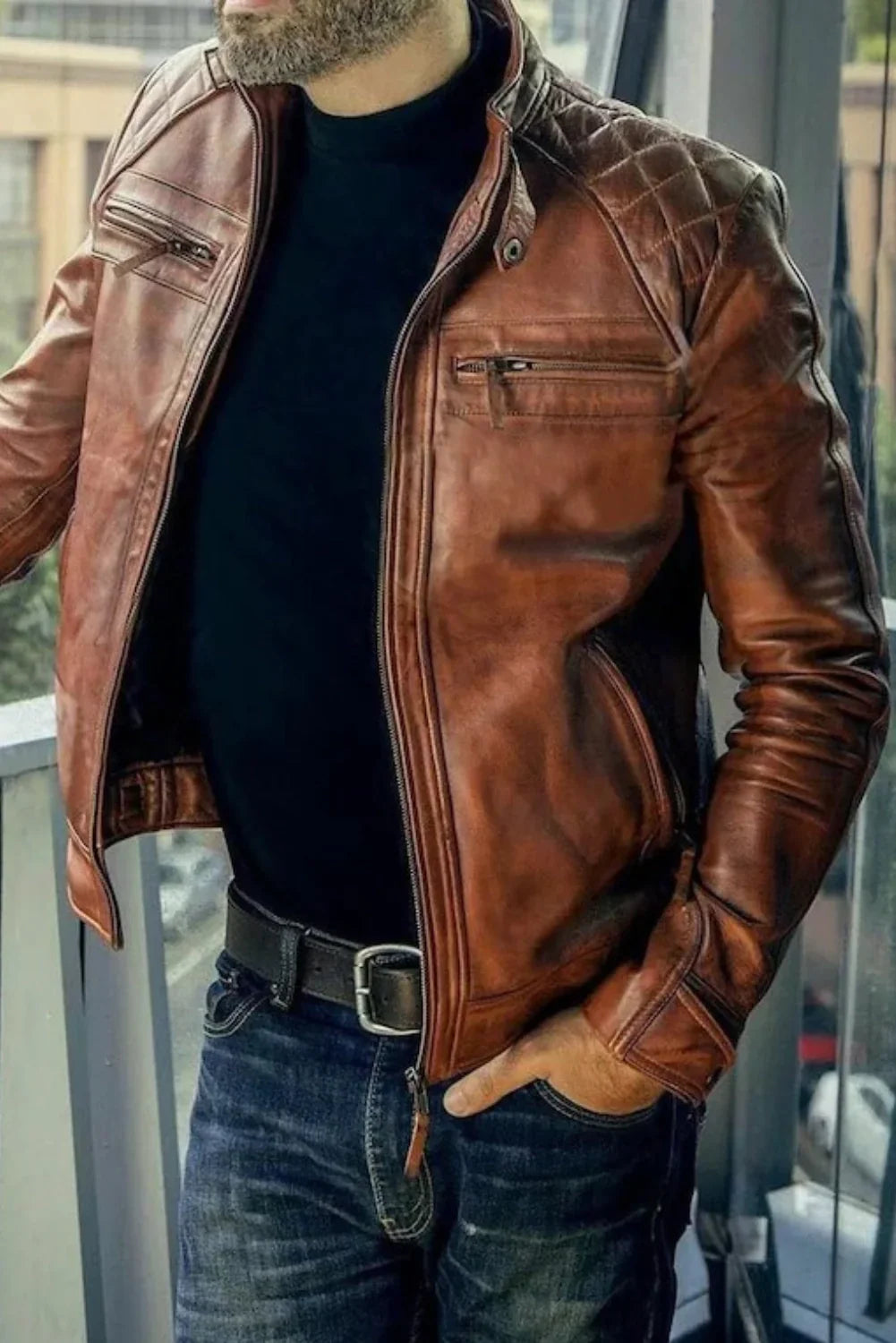 Ionic Brown Leather Biker Jacket