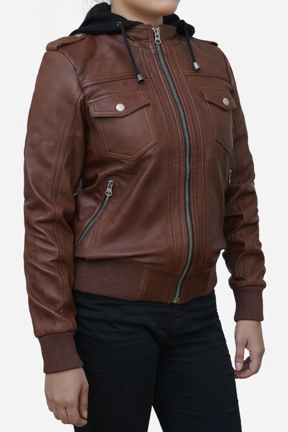 Amara Brown Hooded Leather Bomber Jacket