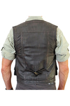 Men's Safari Rub Off Leather Vest-Hunting Style Vest Features Several Front Pockets With Some With Flaps