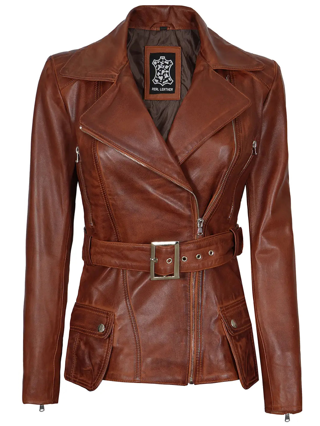 Cognac Wax Women Leather Biker Jacket