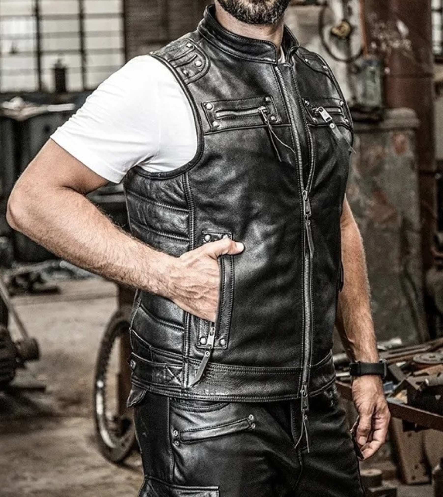 Sullivan Black Leather Biker Vest