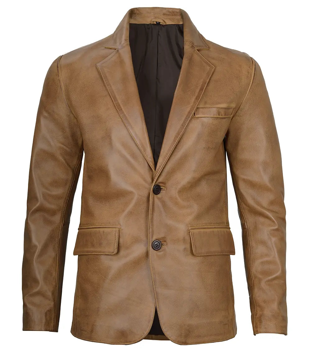 Mens Two Button Camel Brown Leather Blazer