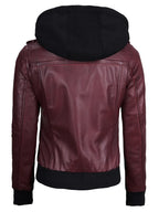 Women's Burgundy Leather Jacket with Removable Hood