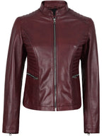 Women's Burgundy Cafe Racer Leather Jacket