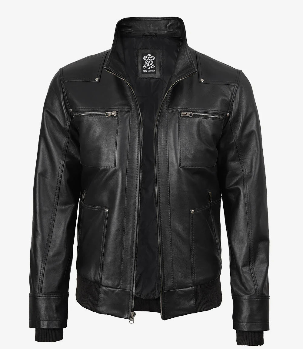 Mens Black Bomber Leather Jacket with Removable Hood