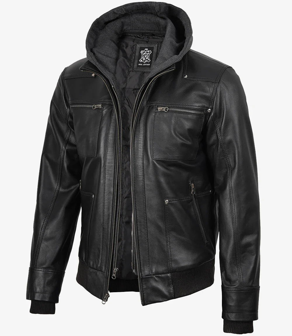 Mens Black Bomber Leather Jacket with Removable Hood