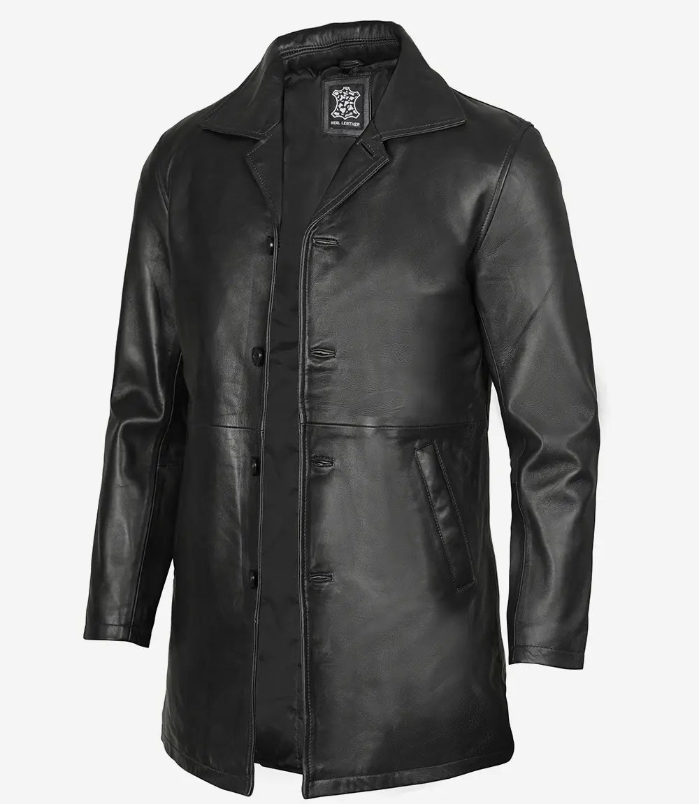 Tall Mens Black 3/4 Length Leather Car Coat
