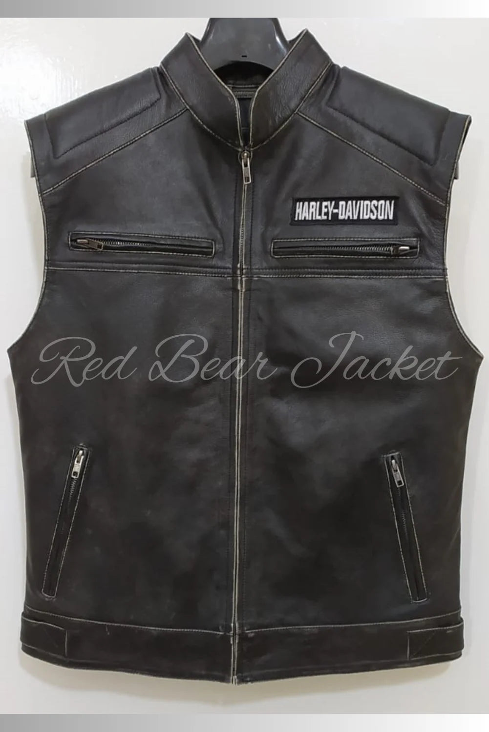 Men's Handmade Distressed HD Motorcycle Leather Vest With Orange Embroidered Patches | Men Harley Davidson Triple Vent Passing Link Leather Vest