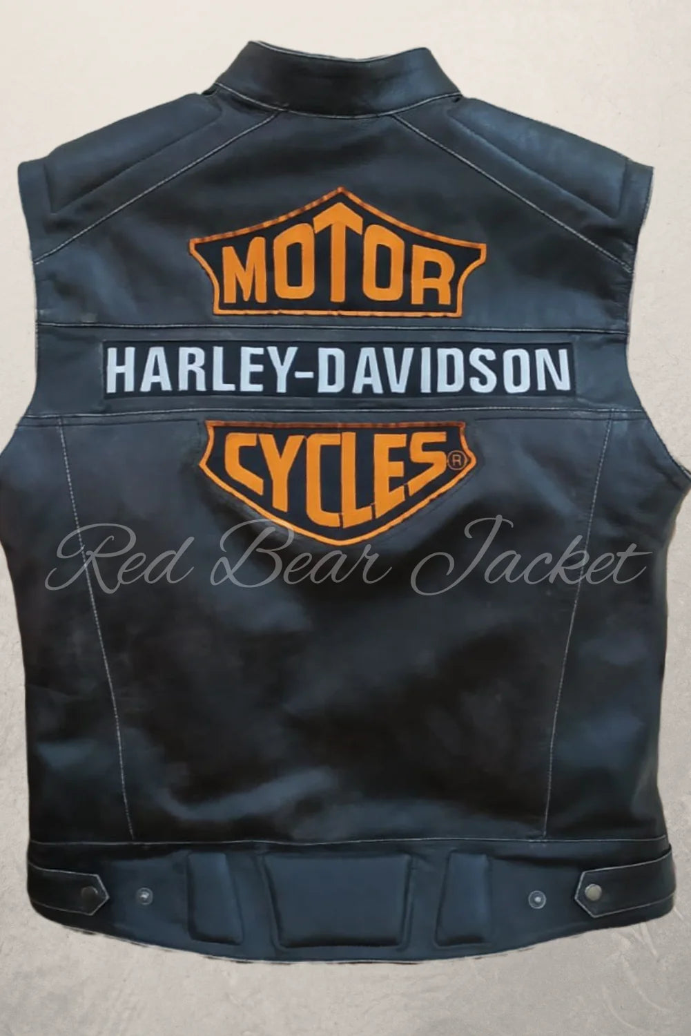 Men's Handmade Distressed HD Motorcycle Leather Vest With Orange Embroidered Patches | Men Harley Davidson Triple Vent Passing Link Leather Vest