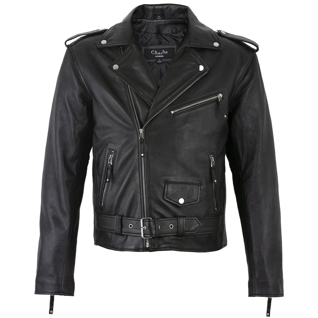Men's Belted Cross Zip Brando Biker Black Leather Jacket